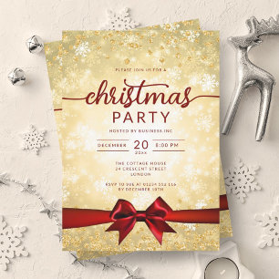 Invitation Festif Gold Winter Snowflakes Company Red Ribbon
