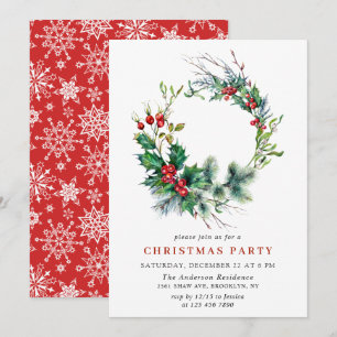 Invitation Festif Holly Berry Wreath Fête de Noël