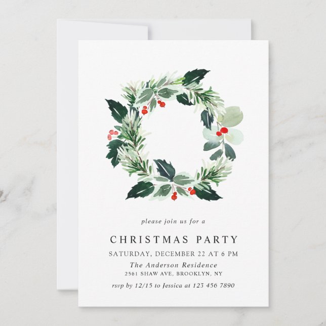 Invitation Festif Holly Berry Wreath Fête de Noël (Devant)