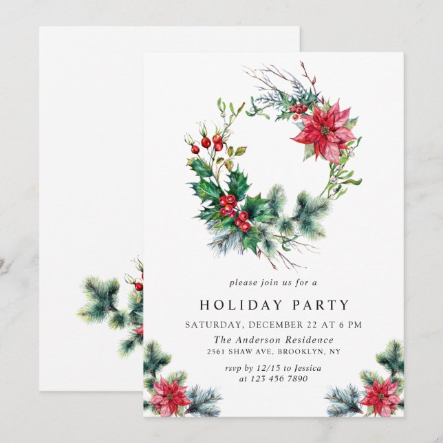 Invitation Festif Holly Berry Wreath Fête de Noël (Devant / Derrière)