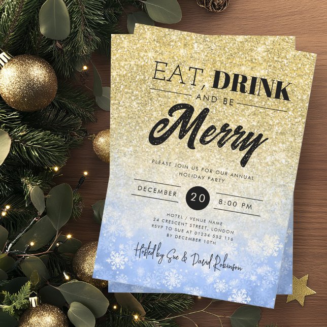 Invitation Festif Manger & Boire Gold Marine Noël (Festive Eat & Drink Gold Navy Holiday Christmas Invitation)