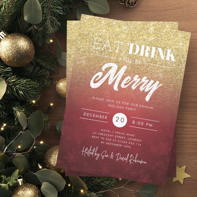 Invitation Festif Manger & Boire Gold Red Noël (Festive Eat & Drink Gold Red Holiday Christmas Invitation)