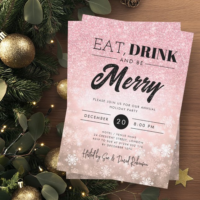 Invitation Festif Manger & Boire Rose Gold Fêtes de Noël (Festive Eat & Drink Rose Gold Holiday Xmas Party Invitation)
