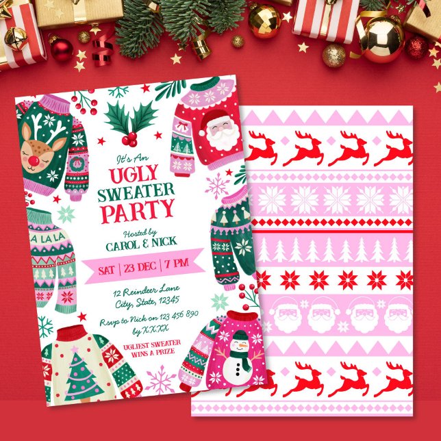 Invitation Festif moderne laide Sweater rouge, vert et rose (Modern Festive Ugly Sweater Red, Green and Pink Invitation)