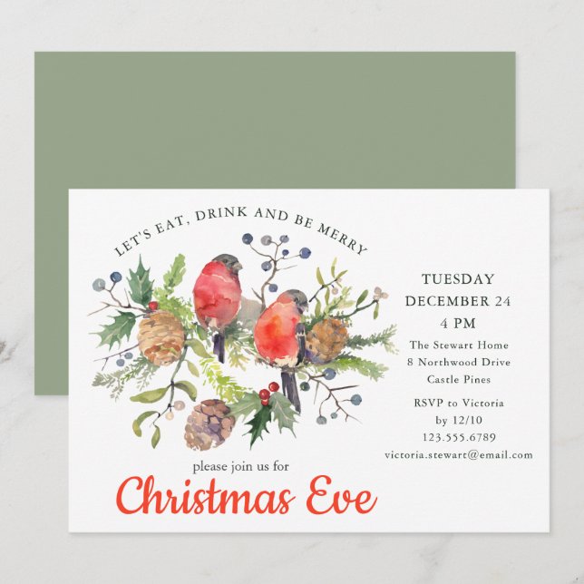 Invitation Festif Noël Eve Aquarelle Bullfinch Floral (Devant / Derrière)