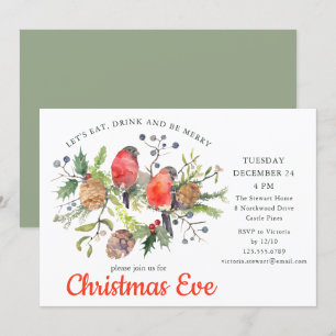 Invitation Festif Noël Eve Aquarelle Bullfinch Floral