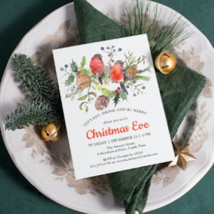 Invitation Festif Noël Eve Aquarelle Bullfinch Floral