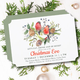 Invitation Festif Noël Eve Aquarelle Bullfinch Floral
