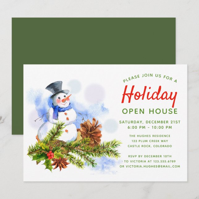 Invitation Festif Noël Snowman Holiday Open House (Devant / Derrière)