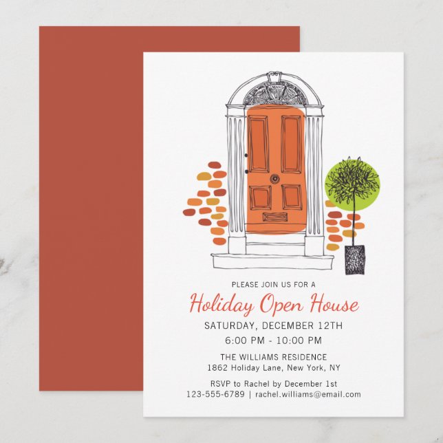 Invitation Festif Orange Door Holiday Open House | Noël (Devant / Derrière)