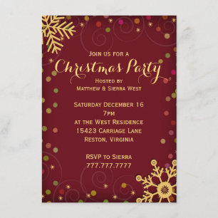 Invitation Festif Red Gold Snowflakes Noël
