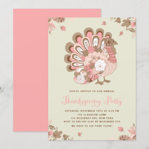 Invitation Festif rose floral Turquie Thanksgiving Party