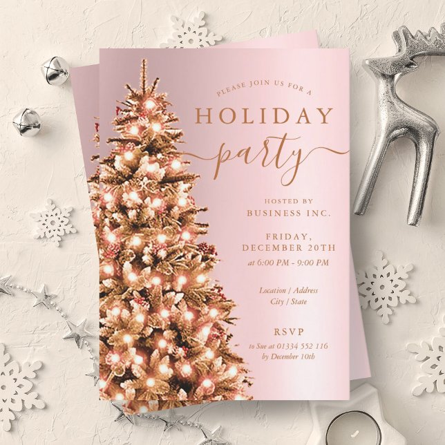 Invitation Festif Rose Gold Xmas Arbre Société Fête (Festive Rose Gold Xmas Tree Company Holiday Party Invitation)