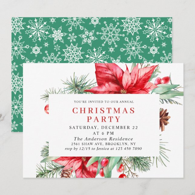 Invitation Festif Rouge Poinsettia Fête de Noël (Devant / Derrière)
