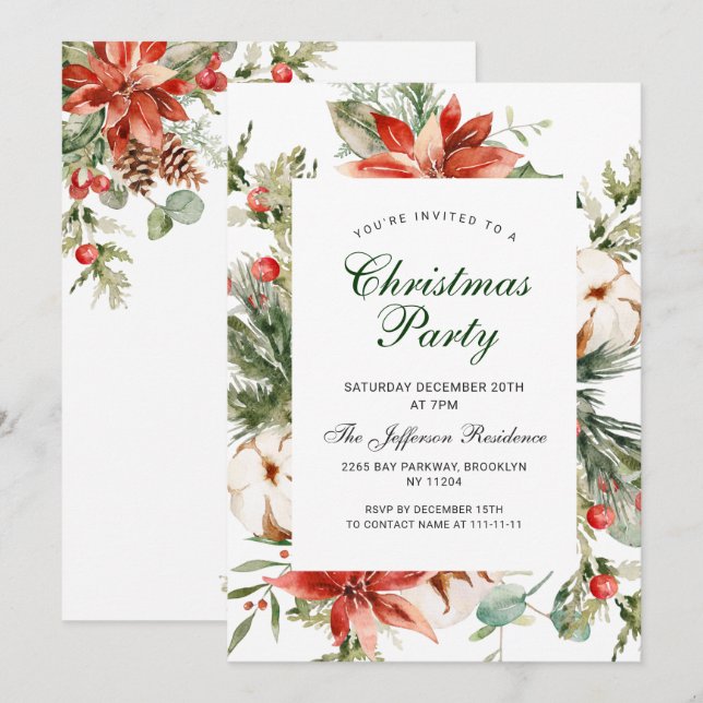 Invitation Festif Rouge Poinsettia Fête de Noël (Devant / Derrière)