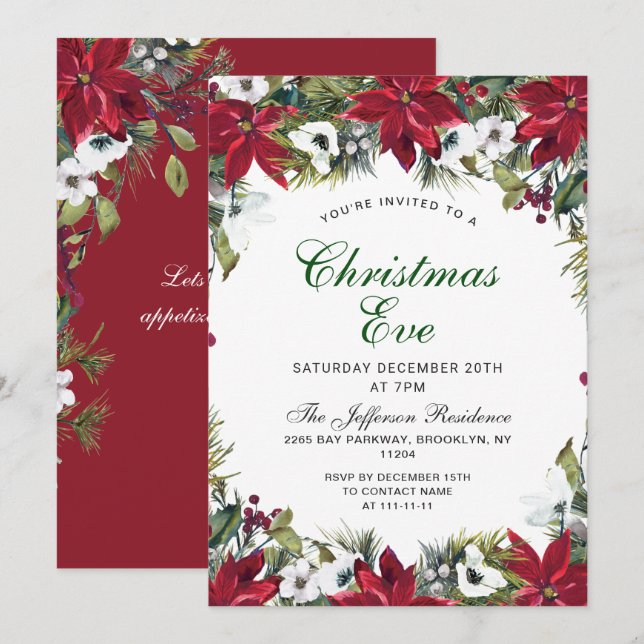 Invitation Festif Rouge Poinsettia fête de Noël (Devant / Derrière)