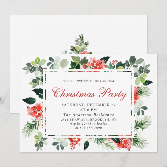 Invitation Festif Rouge Poinsettia Fête de Noël (Devant / Derrière)