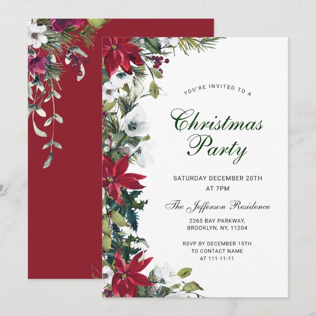 Invitation Festif Rouge Poinsettia Fête de Noël (Devant / Derrière)
