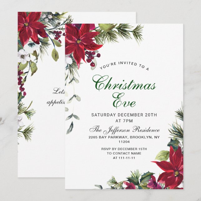 Invitation Festif Rouge Poinsettia fête de Noël (Devant / Derrière)