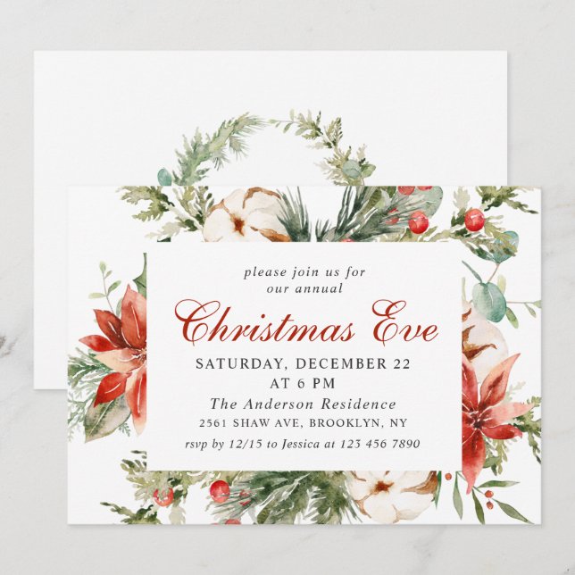 Invitation Festif Rouge Poinsettia fête de Noël (Devant / Derrière)