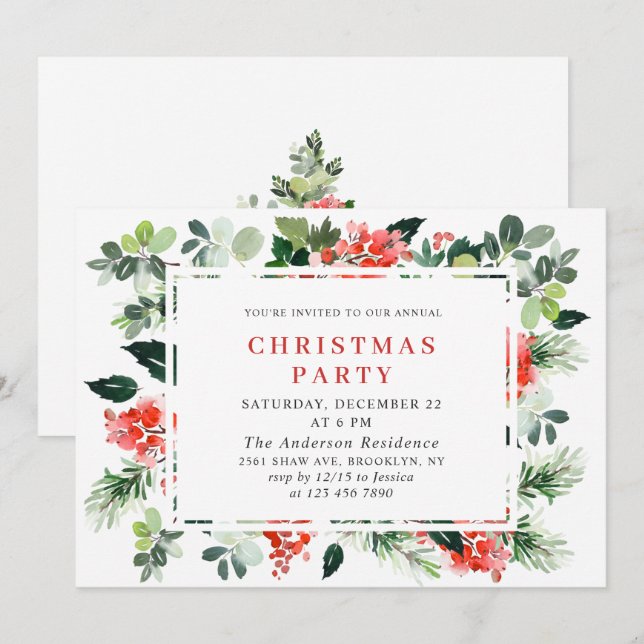 Invitation Festif Rouge Poinsettia Fête de Noël (Devant / Derrière)