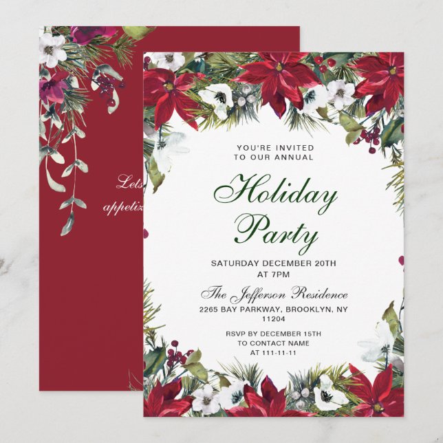 Invitation Festif Rouge Poinsettia Fête de Noël (Devant / Derrière)