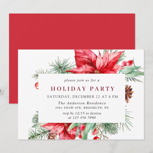 Invitation Festif Rouge Poinsettia Fête de Noël Inv (Devant / Derrière)