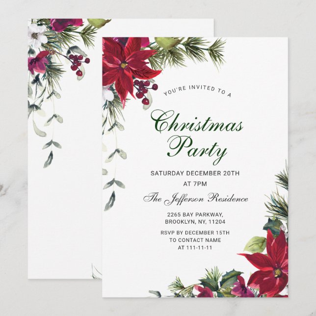 Invitation Festif Rouge Poinsettia Fête de Noël Inv (Devant / Derrière)