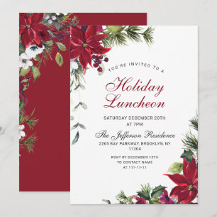 Invitation Festif Rouge Poinsettia Noël Déjeuner