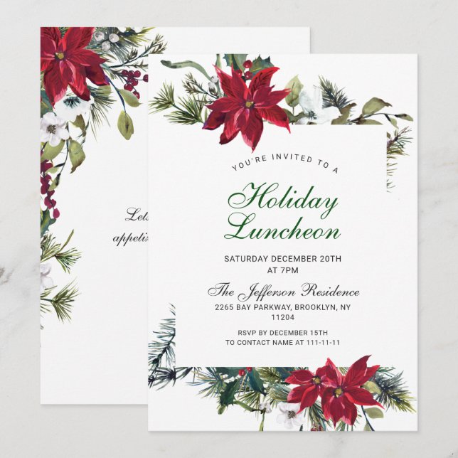 Invitation Festif Rouge Poinsettia Noël Déjeuner (Devant / Derrière)