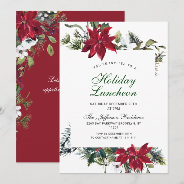 Invitation Festif Rouge Poinsettia Noël Déjeuner (Devant / Derrière)