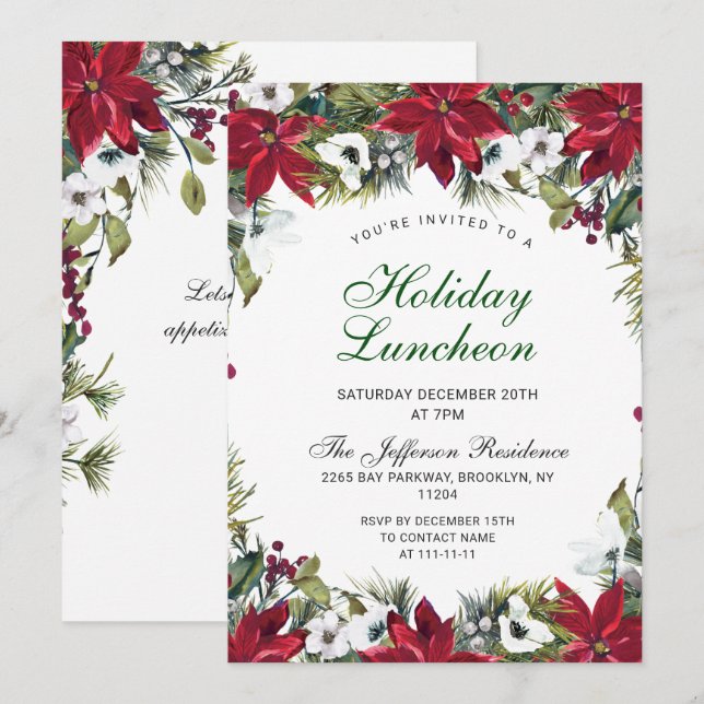 Invitation Festif Rouge Poinsettia Noël Déjeuner (Devant / Derrière)