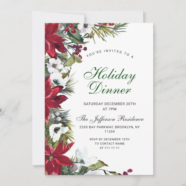 Invitation Festif Rouge Poinsettia Noël Dîner de Noël (Devant)