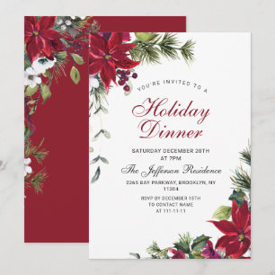 Invitation Festif Rouge Poinsettia Noël Dîner de Noël