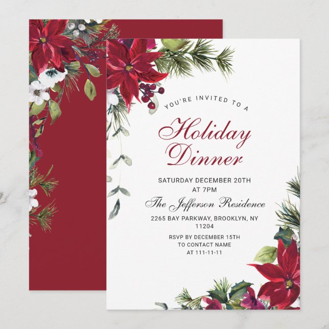 Invitation Festif Rouge Poinsettia Noël Dîner de Noël (Devant / Derrière)