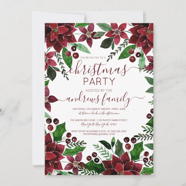 Invitation Festif Rouge Vert Floral Ivy Aquarelle Noël (Devant)
