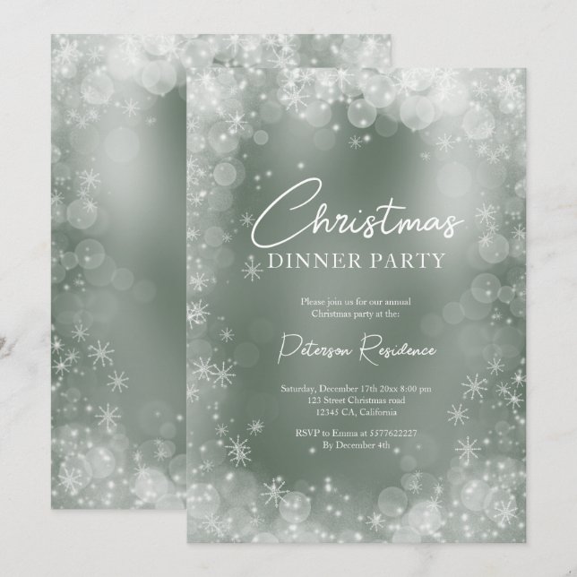 Invitation Festif vert blanc neige élégant Noël (Devant / Derrière)