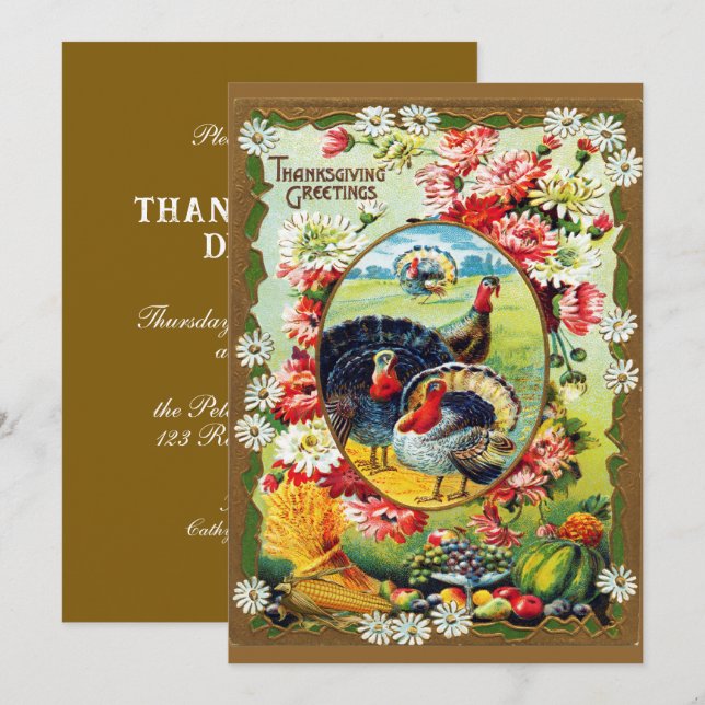 Invitation Festif Vintage traditionnel Thanksgiving Dîner (Devant / Derrière)