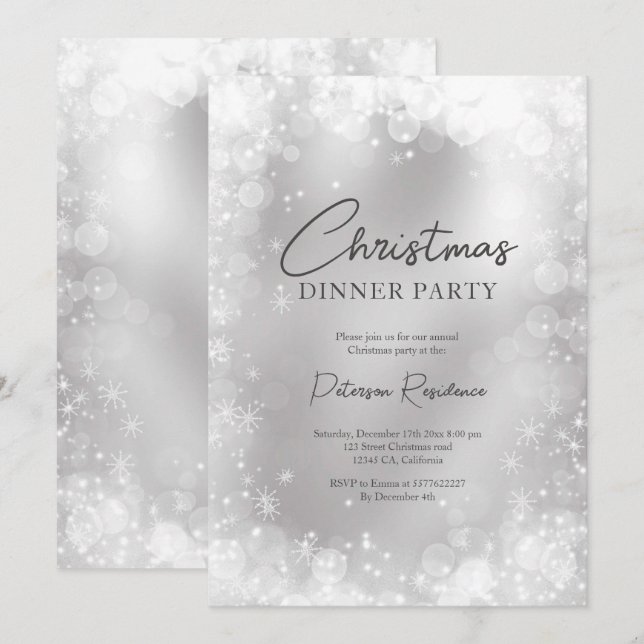 Invitation Festin argent blanc neige élégante chic Noël (Devant / Derrière)