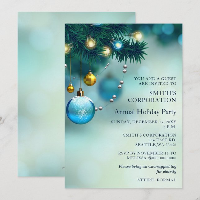 Invitation Festin Bleu Noël Entreprise Fête de Fêtes (Devant / Derrière)