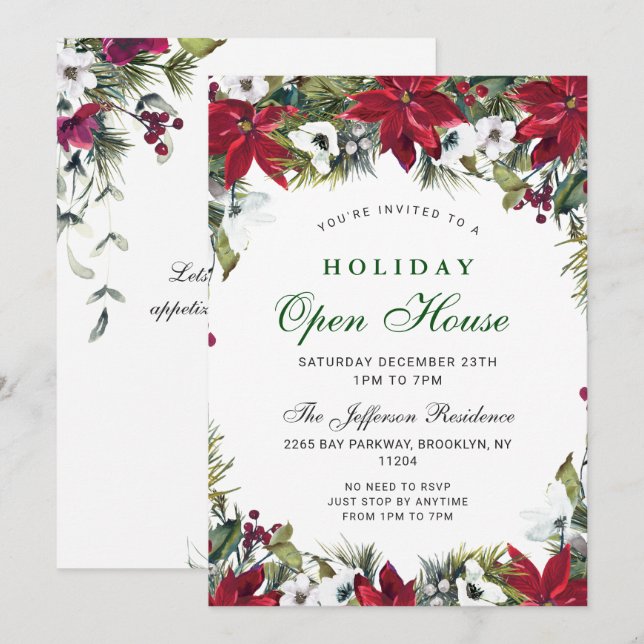 Invitation Festin Poinsettia Noël Maison ouverte (Devant / Derrière)