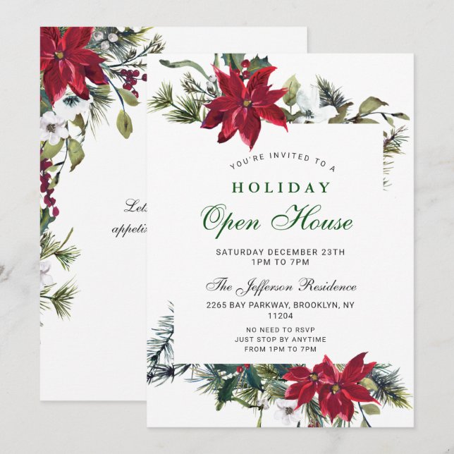 Invitation Festin Poinsettia Noël Maison ouverte (Devant / Derrière)