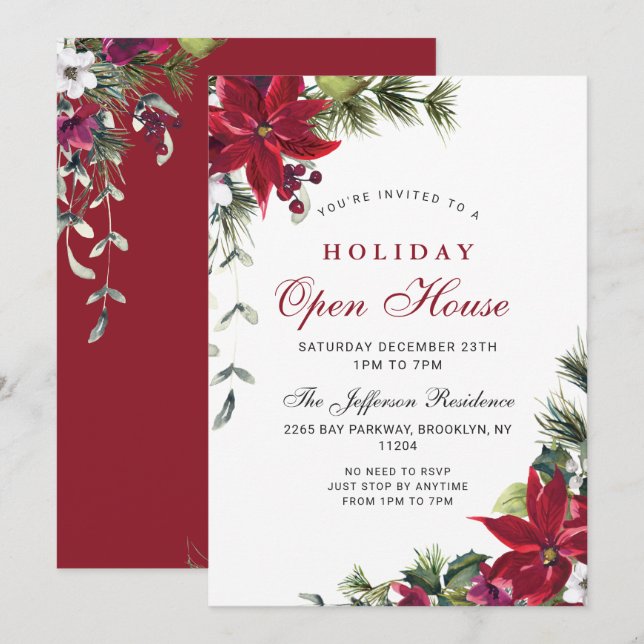 Invitation Festin Poinsettia Noël Maison ouverte (Devant / Derrière)