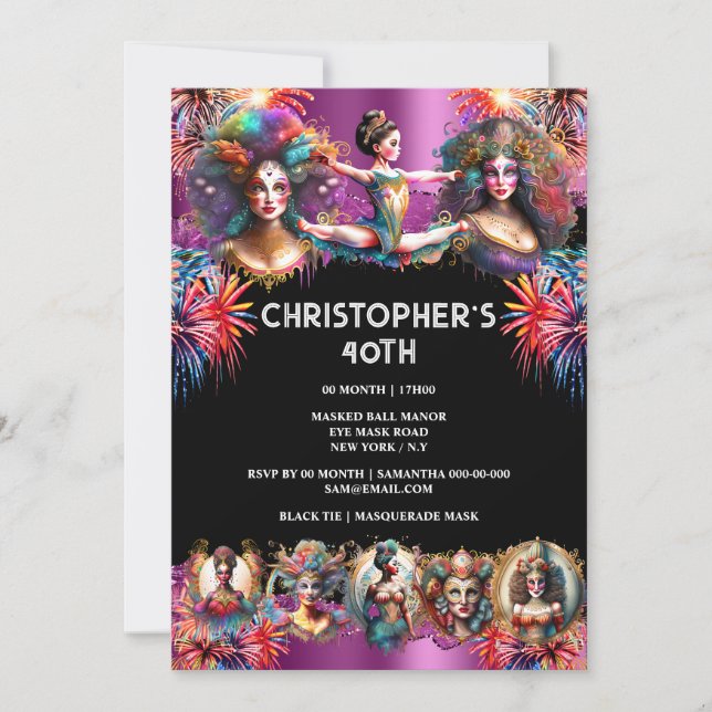 Invitation Festival carnaval spectacle feu d'artifice violet  (Devant)