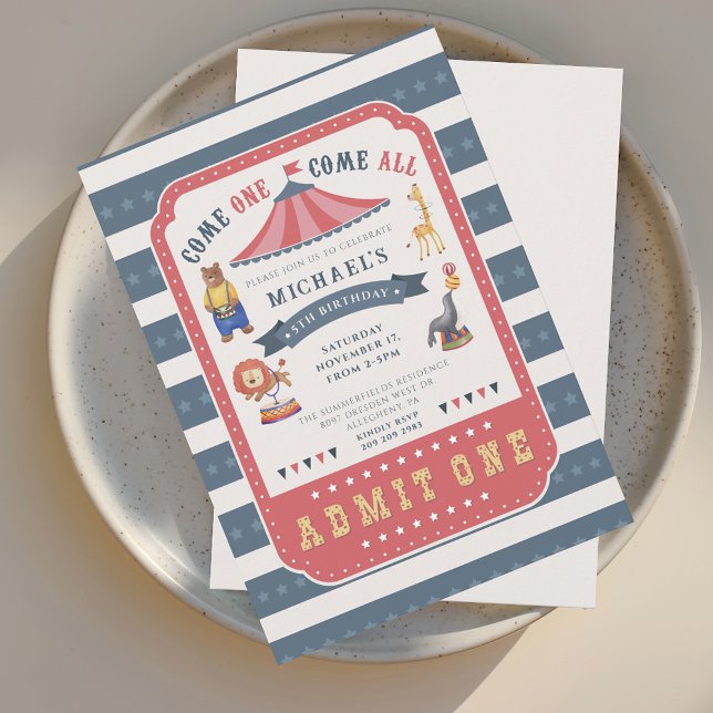 Invitation Festival de cirque moderne 5e fête d'anniversaire (Circus Carnival 5th Birthday Party Invitation)