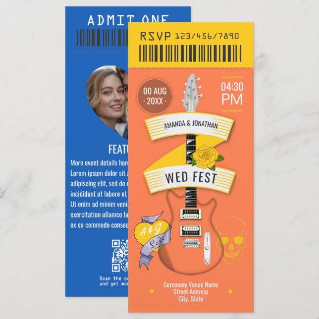 Invitation Festival Love Rock ’n’ Roll Wedding Ticket (Devant / Derrière)