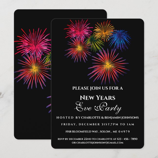 Invitation Festivale moderne feux d'artifice Nouvel An Soirée (Devant / Derrière)