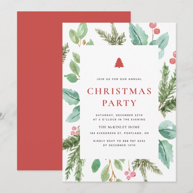 Invitation Festive Aquarelle d'hiver Foliting Fête de Noël (Devant / Derrière)