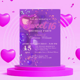 Invitation Festive Ballons violet et rose Confetti Sweet 16
