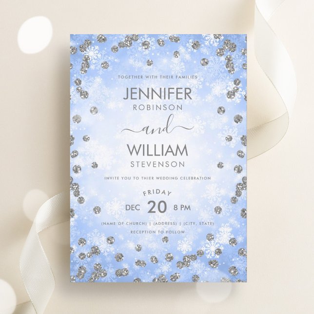 Invitation Festive Bleu Argent Élégant Mariage d'hiver (Festive Blue Silver Elegant Winter Wedding Invitation)